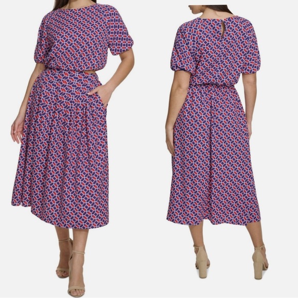 NWT KENSIE Geo-Print Puff-Sleeve MIDI Crop Top- Geometric skirt set sz 10 - Picture 1 of 11